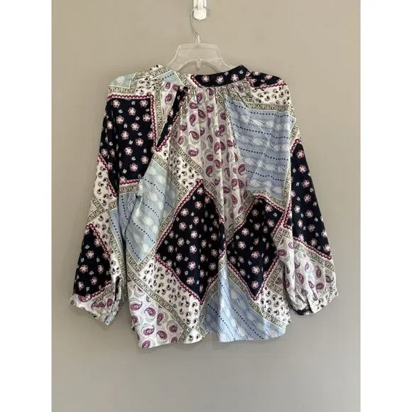 Loft Linen Blend Patchwork Blouse Top Balloon Sleeve Peasant Floral Paisley Med - Picture 8 of 16